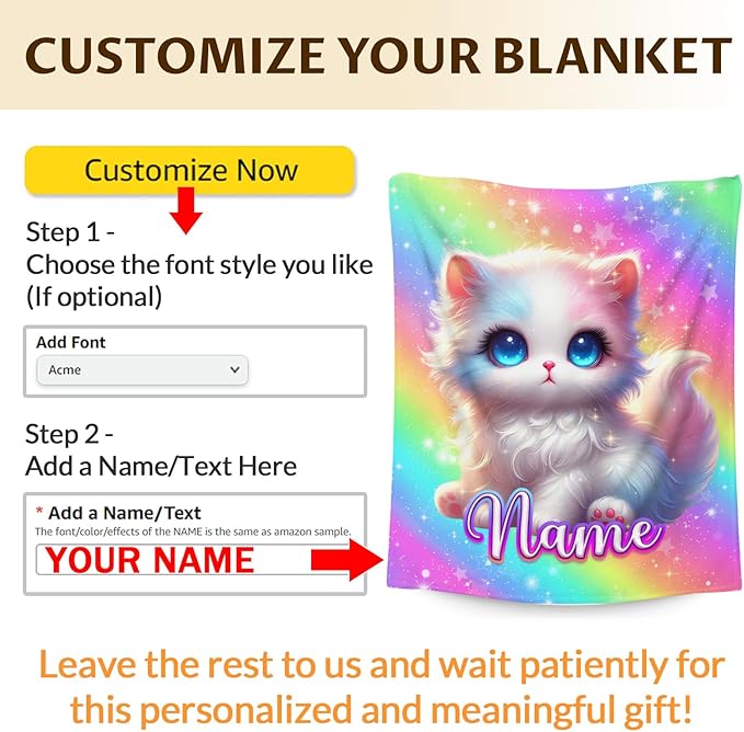 Girls Blanket Personalized Cat Stuff Throws Gifts for Kids Teens Age 8-12, 50x60 Inches Custom Comfy Soft Cozy Throw for Couch Bedroom Outdoors Home Decorations