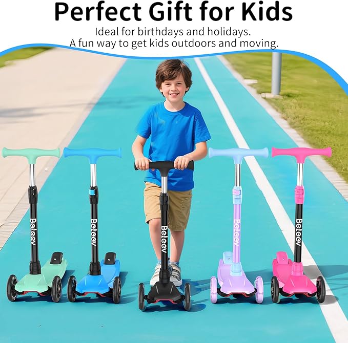 BELEEV Scooters for Kids 3 Wheel Kick Scooter for Toddlers Girls Boys, 4 Adjustable Height, Lean to Steer, Light up Wheels, Extra-Wide Deck, Easy to Assemble for Children Ages 3-12 (Rose Pink)