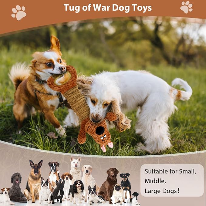Squeak Plush Dog Toys Interactive Tug of War Puppy Toys with Crinkle Paper, Large Dog Chew Toy Pull Pet Toy for Small, Medium and Large Dogs