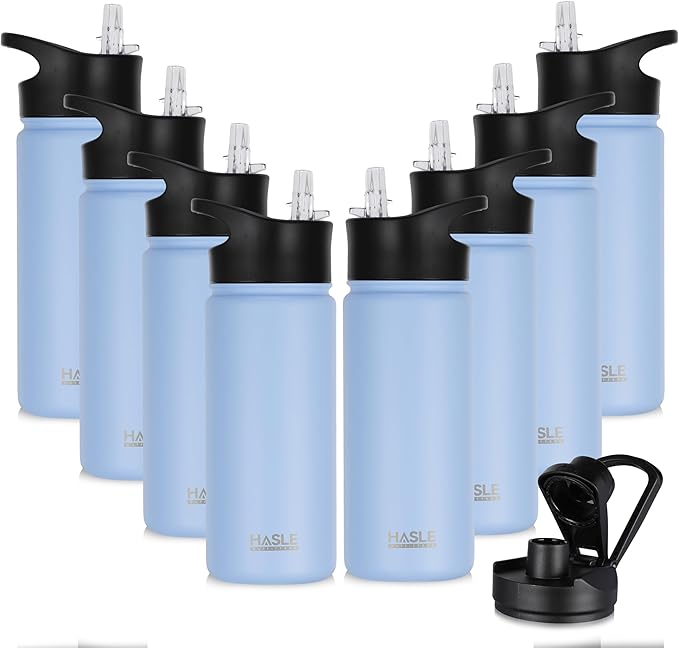 HASLE OUTFITTERS Insulated Water Bottle 16 oz Double Wall Vacuum Stainless Steel Water Bottle Leak Proof for School Wide Mouth with Straw Lid & Spout Lid Keeps Cold and Hot(Light Blue,8pack)