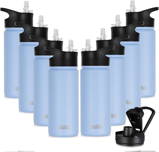 HASLE OUTFITTERS Insulated Water Bottle 16 oz Double Wall Vacuum Stainless Steel Water Bottle Leak Proof for School Wide Mouth with Straw Lid & Spout Lid Keeps Cold and Hot(Light Blue,8pack)