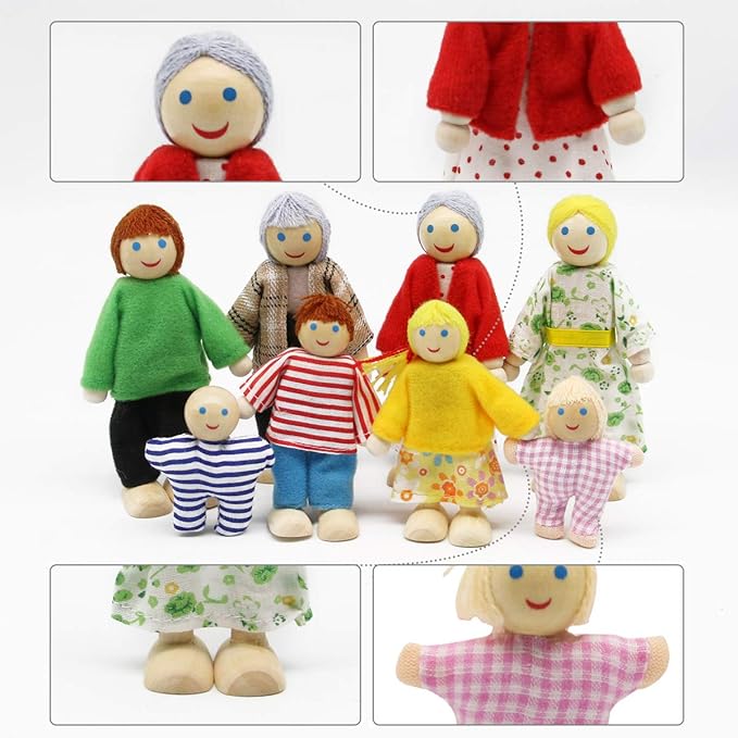 Lovely Happy Dollhouse Dolls Family Set of 8 Wooden Figures for Children House Pretend Gift