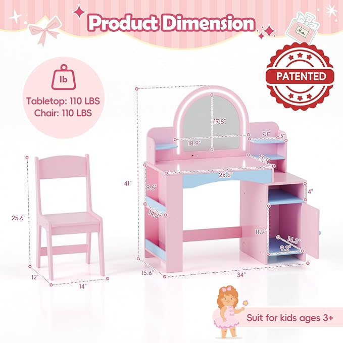 MU Kids Vanity with Lights, Princess Makeup Vanity Desk with Open Bookshelf, Storage Cabinet & Shelves, 2 in 1 Toddler Vanity Table & Chair Set with Lighted Mirror for Little Girls (Blue)