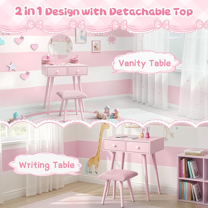 Arlopu Kids Vanity Table and Chair Set, 2 in 1 Toddler Makeup Dressing Desk with Detachable Large Mirror and Stool, Drawers, Princess Wooden Pretend Play Toys for Little Girls (Pink)