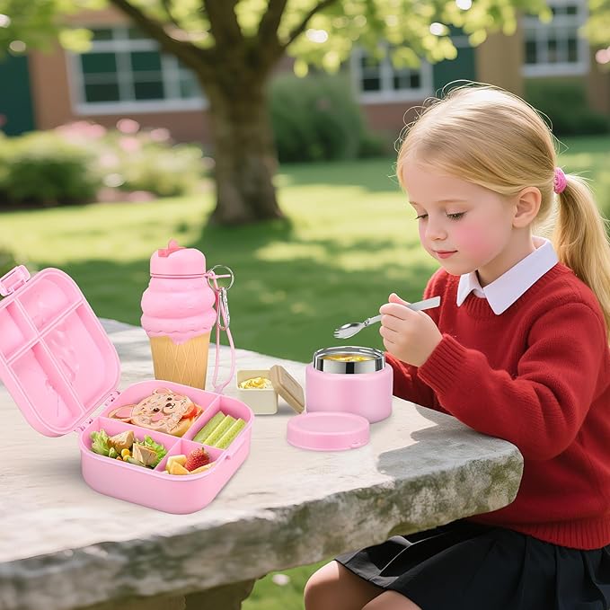 Kids Bento Lunch Box with 12oz Soup Thermo, Kids Leakproof Lunch Food Containers with 4 Compartment,Insulated Hot Food Jar with Lunch Bag for School, Travel (Pink+Pink Jar)