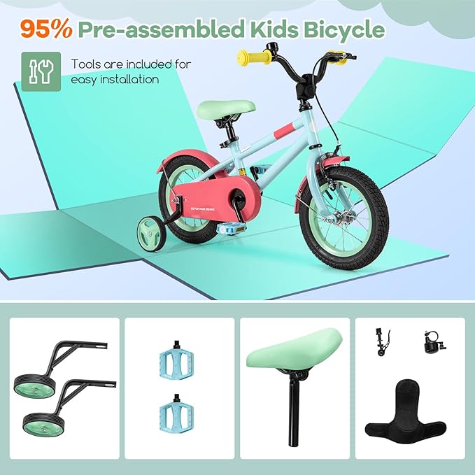 BABY JOY Colorful Macarons Kids Bike, 12 14 16 18 Inch Sporty Children's Bicycle with Training Wheels, Adjustable Handlebar & Saddle, Handbrake & Coaster Brake, Boys Girls Bike for 3-8 Years Old