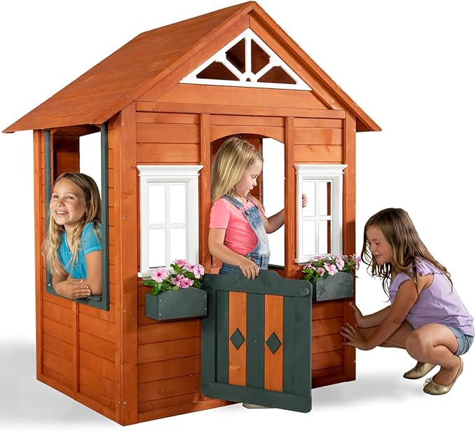 Sportspower Woodbridge Wooden Playhouse for Kids, Outdoor Backyard Playhouse with Working Door, Windows & Flowerpot Holders, Ages 3–8, Durable Finland Wood, Red