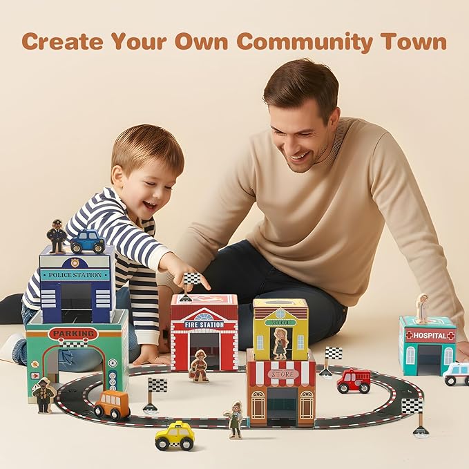 Youuys 3-in-1 Sorting and Stacking Toys for Toddlers 1-3 with Building Blocks, Wooden Community Helpers, Montessori Nesting Boxes for Preschool Learning Stocking Stuffers for Boys Girls