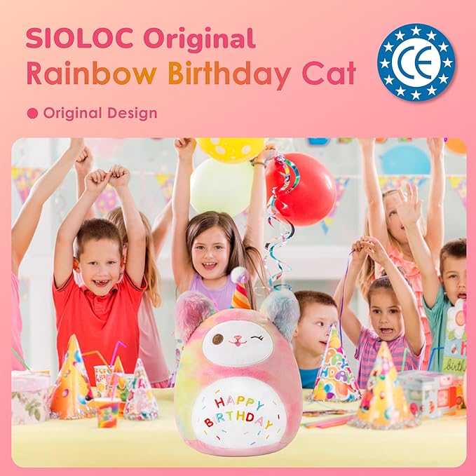 Sioloc10.6 Rainbow Birthday Cat Plush Pillow - Soft Kitten Stuffed Animal Toy, for Kids, Toddlers, Birthday Decor