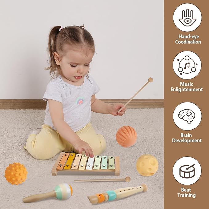 Baby Toys Montessori Toys for Babies, Wooden Musical Instruments Toy Stacking Building Blocks, Infant Teething Toys Sensory Balls, Xylophone, Birthday Gift for Toddlers