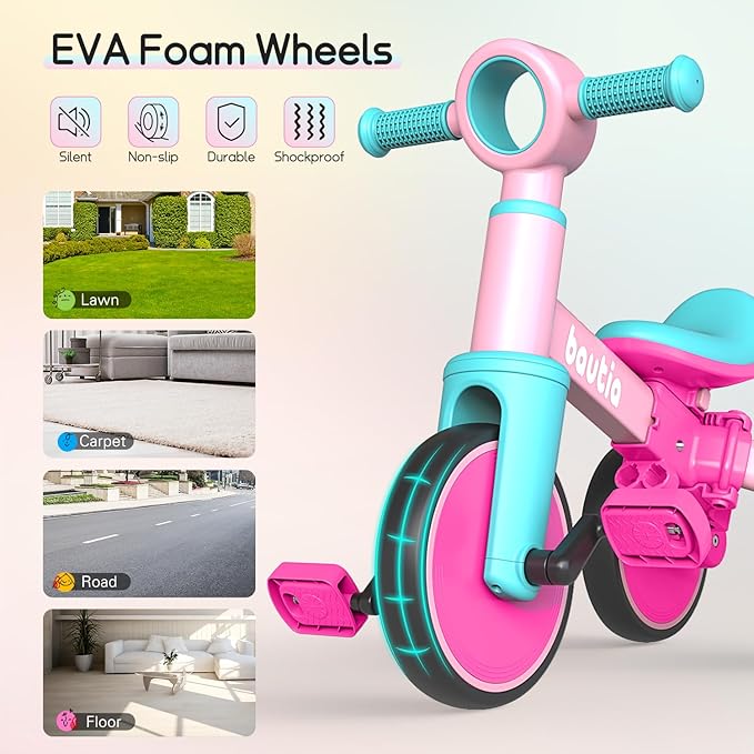 Kids Tricycle with Push Handle for Toddlers 1-4 Years Old Boys Girls Gift, 5 in 1 Baby Balance Bike for Toddlers 1-3 with Removable Pedals (No Parent Steering Version)