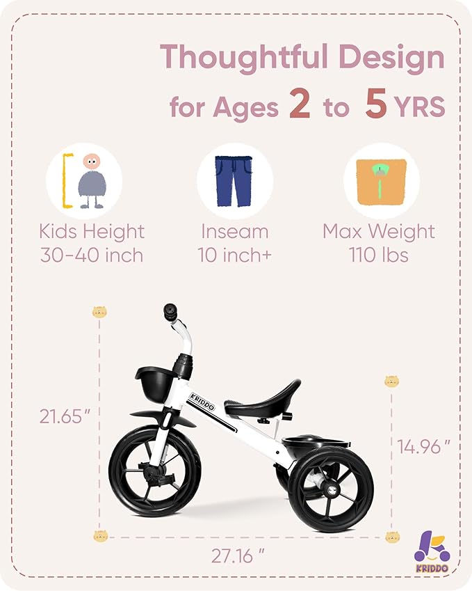 KRIDDO Kids Tricycles Age 24 Month to 4 Years, Toddler Kids Trike for 2.5 to 5 Year Old, Gift Toddler Tricycles for 2-4 Year Olds, Trikes for Toddlers, Sporty Styling, White