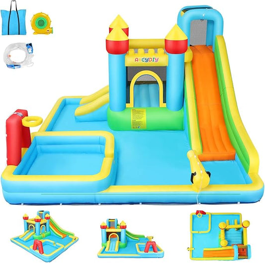 WHUBEFY Bounce House,Inflatable Water Slide Bounce Castle with Blower for Kids 3-12,Outdoor/Indoor Bouncy House Water Park for Backyard with 2 Splash Slides,Climbing Wall,Ball Pit,Jumping Area