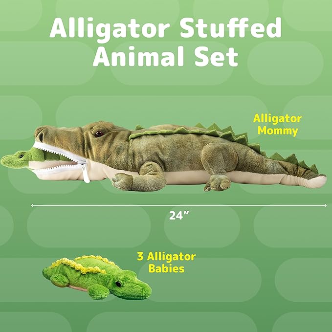 PREXTEX Stuffed Alligator Toy with 3 Baby Alligators - Alligator Plush Mommy with 3 Zippered Stuffed Alligator Babies, Ideal Stuffed Animal for Boy or Girl Playtime - 3-5 Years