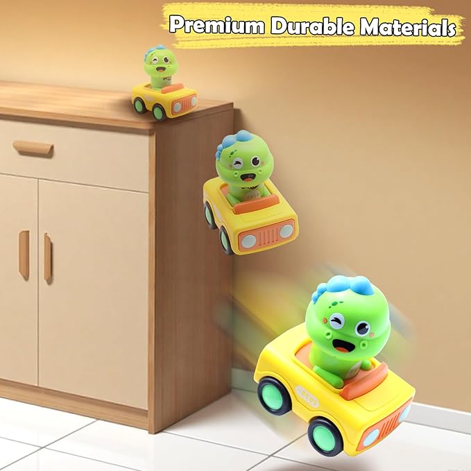 Pbooo Press to Go Car, Dinoaur Car Toys for Toddlers 1-3, Kids' Play Vehicles and Race Cars, Push Go Cars for 6-12-18 Month, Ideal Christmas and Birthday Gift for 1-2 Year Old Kids