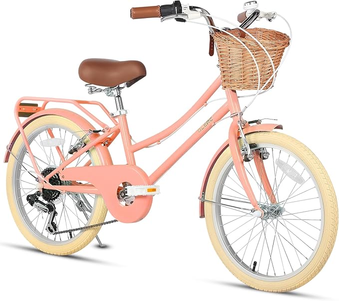 Glerc 20 24 26 Inch Beach Cruiser Bike, 6-Speed Hybrid City Bicycle for Girls Youth and Over 6 Years Old, Missy Bike with Wicker Basket & Lightweight, Multiple Colors