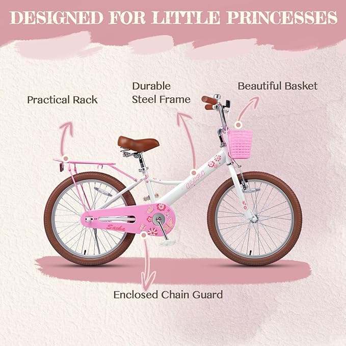 Glerc Sasha Girls Bike, 12-20 Inch Kids Bike for Children Ages 2-13 Years, Kids Bicycle with Doll-Seat & Basket & Training Wheels, Multiple Colors