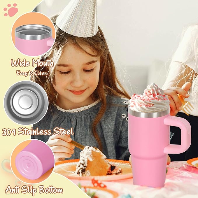 Cosictic 14 Oz Tumbler with Handle and Straw for Kids, Stainless Steel Double Wall Vacuum Insulated Cup for Children, 14 Oz Cups for Kids (Pink)