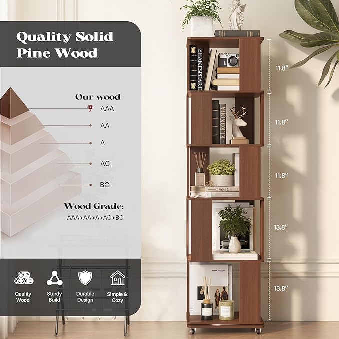 5 Tier Solid Wood Rotating Bookshelf Tower on Wheels, 360° Upgrade Spinning Book Shelf, Revolving Bookcase Organizer, Swivel Bookshelves for Small Spaces, Corner, Bedroom, Kids Room, Office (Walnut)
