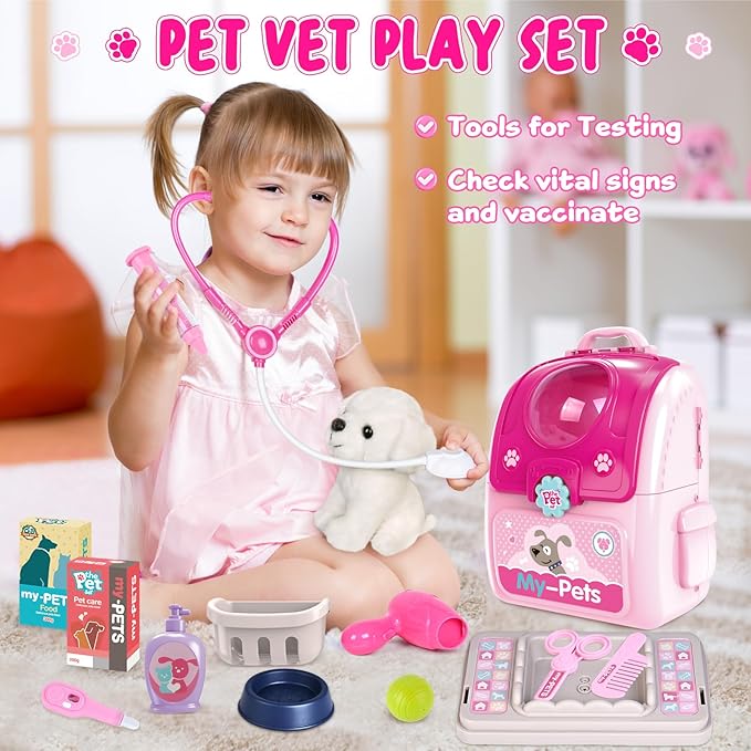 Girl Toys Gifts for 2 3 4 5 6 Years Old, Toddler Girl Toys, Pet Care Pretend Doctor Set Toys for Kids, Doctor kit for Toddlers 1-3 3-5, Kids Doctors Play Set with Plush Puppy Toy&Storage Backpack