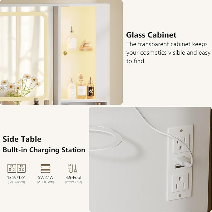 43'' Makeup Vanity with Mirror and Lights, White Vanity Desk with 7 Drawers & Charging Station, 3 Lighting Modes & Adjustable Brightness, Cushioned Stool, Dressing Table for Girls, Women, Teens