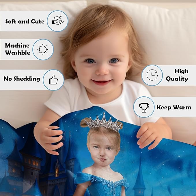 Personalized Princess Blanket, Custom Photo Baby Blanket with Name, Kids Fairy Tale Design, Soft Fleece Throw, for Baby Girl