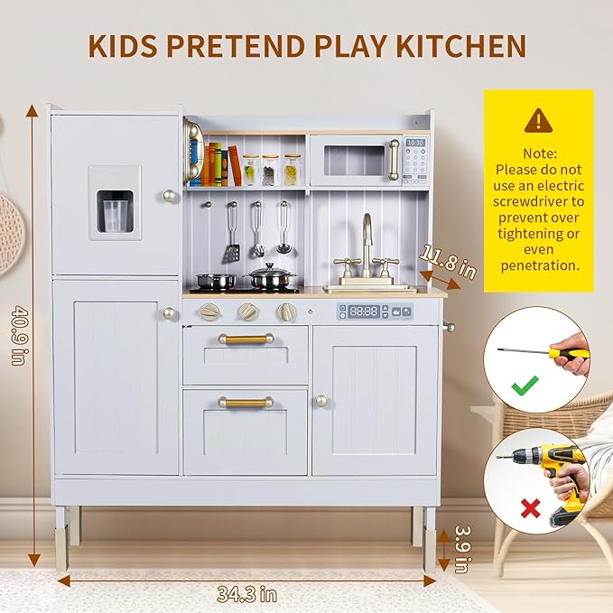 Arlopu Play Kitchen for Kids, Wooden Toy Toddler Kitchen Sets, Sturdy Pretend Cooking Playset with Storage & Accessories, Realistic Light & Sound, Stove, Fridge, Microwave, Removable Sink (Gray)