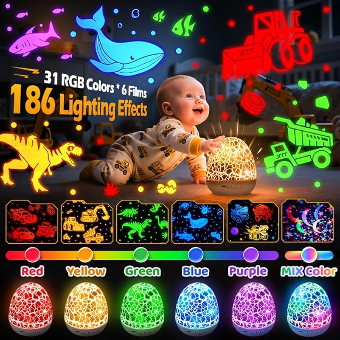 Pikoy Construction Excavator Toys【15 Sounds & 6 Films】Truck Toys for Ages 5-7[31 Colors & Remote Control] Dinosaur Egg Light for Nursery Toddler Boys Birthday Gifts,Kids Christmas Gifts 1-8 Years Old