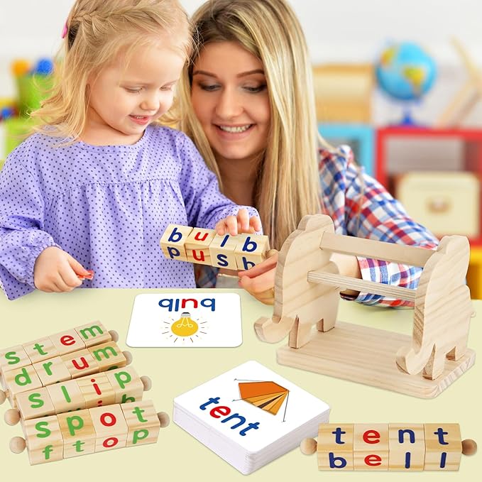 Montessori Learning and Educational Toys Gifts for Kids 3 4 5 Years, Wooden Reading Blocks Toys, Preschool Kindergarten Learning Activities, Turning Rotating Matching Flash Card Games
