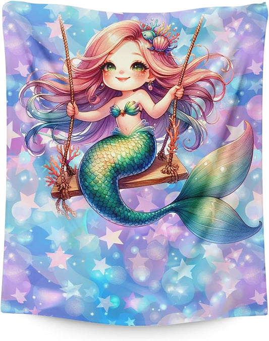 Kids Blankets for Girls Mermaid Blanket for Kids 6-8 Gifts for Mermaid Lovers, Cute Warm 50 x 40 Inches Flannel Throw for Sofa Bed Living Room Decor