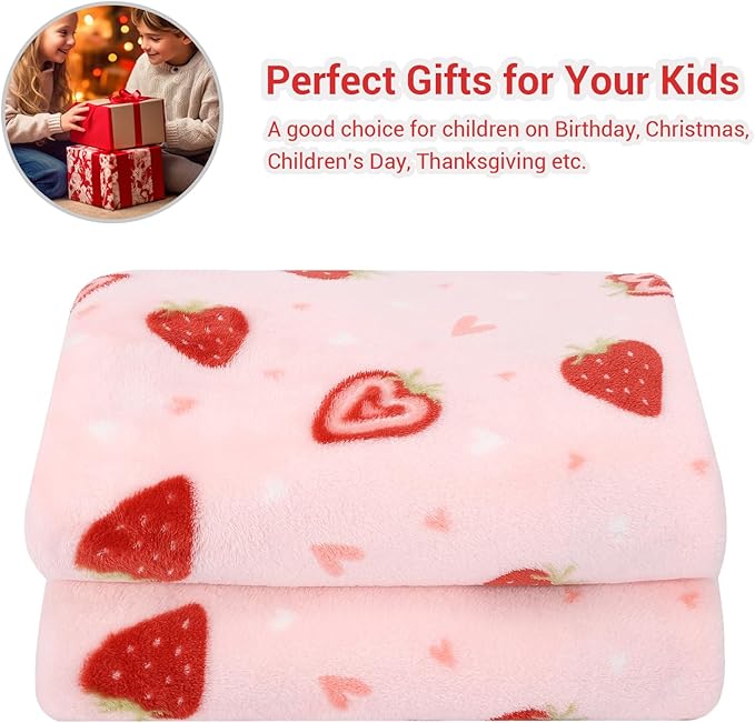 Viviland Kids Throw Blanket, Pink Strawberry Blankets for Toddler, Soft Warm Lightweight Plush Throw Blanket Fleece Blanket for Sofa Chair Couch Bed for Kids, 50" x 60"
