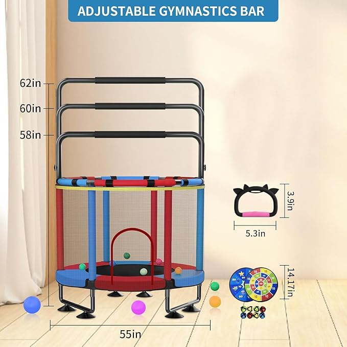 Trampoline for Kids, Upgrade Full Anti-Rust 440lbs Indoor Outdoor Toddler Trampoline with Net, 55" Adjustable Baby Toddler Trampolines Accessories with 8 Toys Dart Board