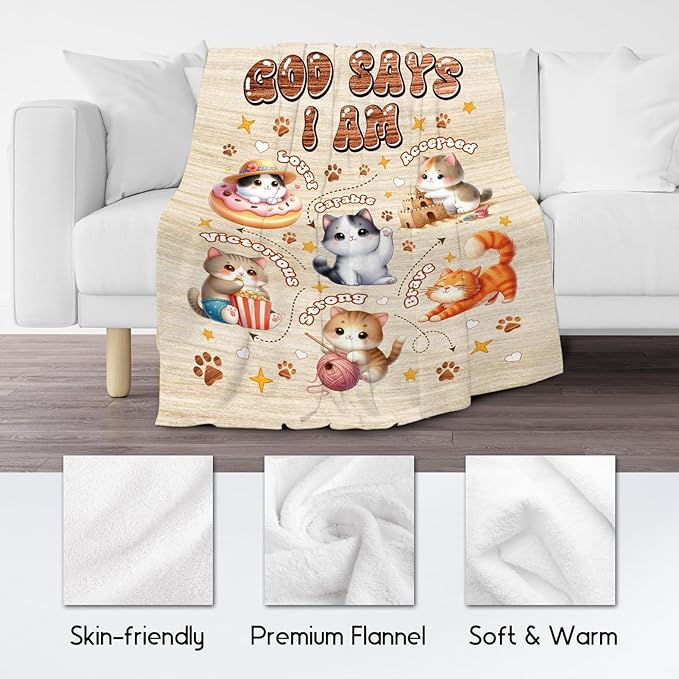 God Says I Am Blanket for Kids, Adults - Cat Themed, Fleece Throw Blanket with Cats, 50"x60"