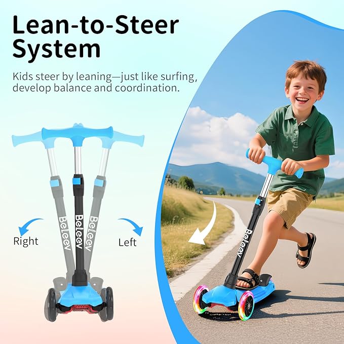 BELEEV Scooters for Kids 3 Wheel Kick Scooter for Toddlers Girls Boys, 4 Adjustable Height, Lean to Steer, Light up Wheels, Extra-Wide Deck, Easy to Assemble for Children Ages 3-12 (Rose Pink)