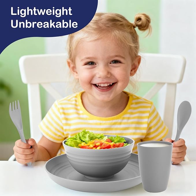 Dinnerware Sets 20 PCS, Wheat Straw Plates and Bowls Sets Service for 4, Microwave Dishwasher Safe Kids Tableware Set, Unbreakable Reusable Plastic Plates Set for Kitchen Office Travel Camping - Gray