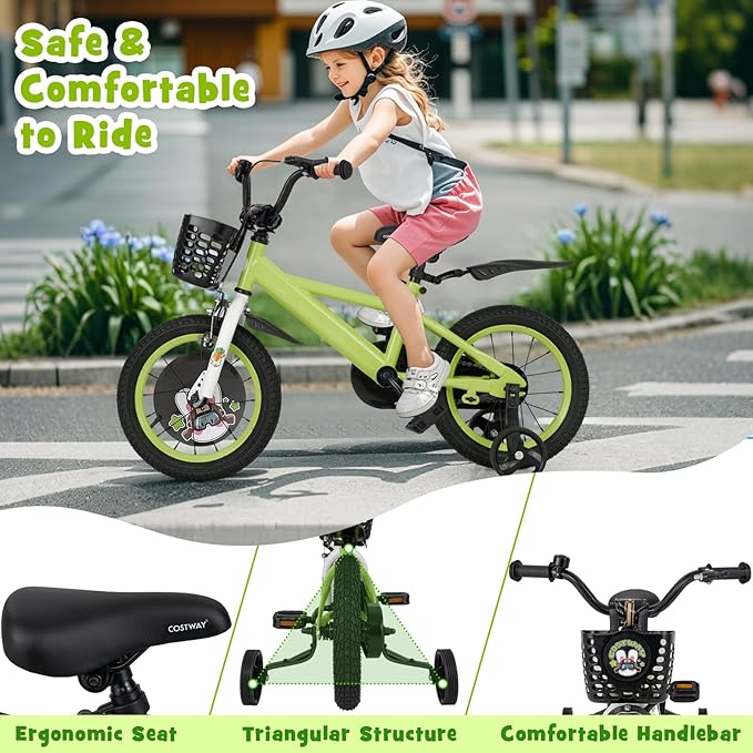 BABY JOY Rabbit Pilot Sporty Kids Bike, 12 14 16 18 Inch Child Bike for 3-8 Years Old with Adjustable Height, Training Wheels, Storage Basket, Handbrake & Coaster Brake, Kids Bicycle for Girls Boys