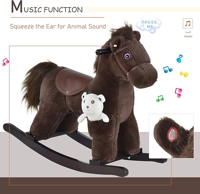 Qaba Kids Plush Ride-On Rocking Horse with Bear Toy, Children Chair with Soft Plush Toy & Fun Realistic Sounds, Brown