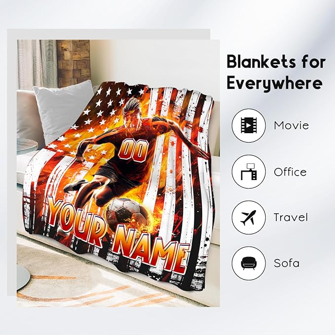 Soccer Blanket for Boys, Personalized Kids Throw Blankets, Custom Soccer Gifts for Son, Warm Flannel Sports Theme Throw for Kids Teens, 50"x60"