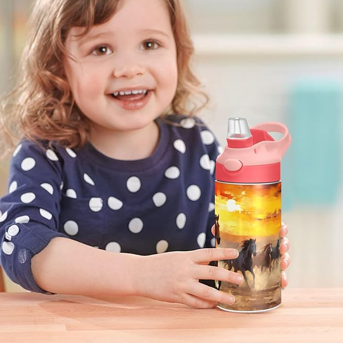 Kigai Black & White Cow Print Kids Water Bottle with Straw Lid, Vacuum Insulated Stainless Steel Double Walled Leakproof Tumbler Travel Cup for Girls Boys Toddlers, 12 oz