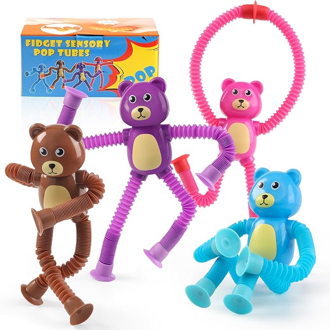 Bear Sensory Toys 4Pcs for Toddlers Kid Boy, Travel Airplane Activities Suction Autism Pop Tube Fidget Toys ADHD Autism Plane Road Trip Activities Essential,Stocking Stuffer Autistic Gifts