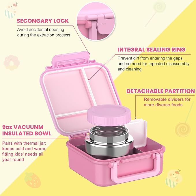 Bento Lunch Box for Kids with 9oz Thermo, Leak-proof Lunch Containers with 3 Compartments,Kids-friendly Size,Durable/Dishwasher Safe Lunch Box for School Outdoors-Pink
