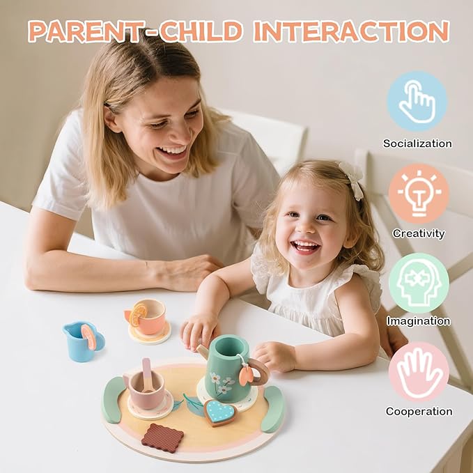 Tea Party Set for Little Girls, Wooden Kids Tea Set with Teapot Cups Coasters Carrying Dessert, Picnic Outdoor Toys Pretend Play Kitchen Accessories for 3 4 5 Years Old