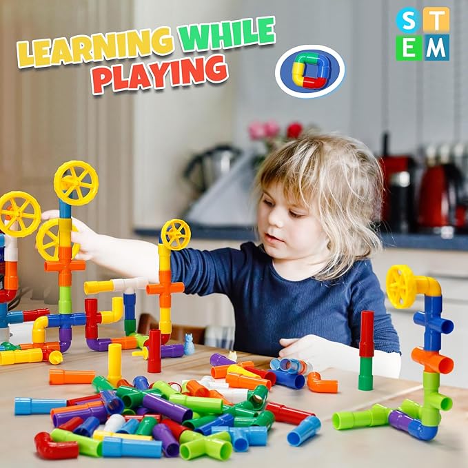 Ggiibro STEM Building Toy for Toddlers 106Pieces Tube Pipe Toy,Educational Preschool Game for 3+ Years,Learning Building Blocks Play with Storage Box Gift Kit,Montessori Toys for Boys & Girls