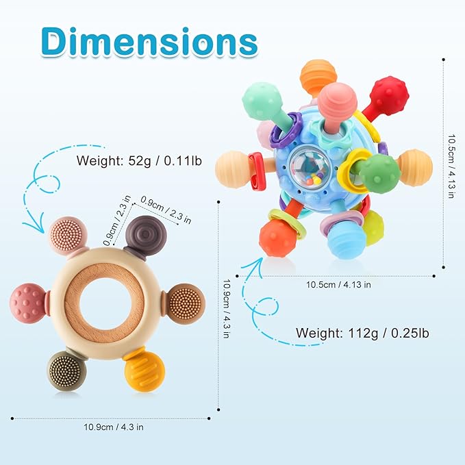 2 Pack Baby Teething Toys for 0-6 6-12 Months, Silicone Soothing Baby Teether Toys & Montessori Sensory Toys for Boy Girl, Safe and Durable Teething Toys for Newborn Infant