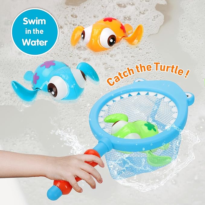 Bath Toys Set for Toddlers 1-3 Kids 4-8, 3Pcs Wind Up Swimming Turtle Water Toys with 1Pcs Shark Fishing Net, Floating Wind Up Turtle Bathtub Toys for Boys and Girls