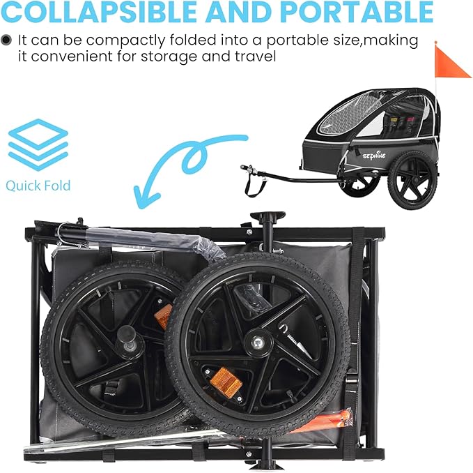 Sepnine Kids Bike Trailer, Suitable for 1 to 2 Kids, 12+ Months, Quick Attach to Bike, Foldable, with 5-Point Harness and Storage Bags