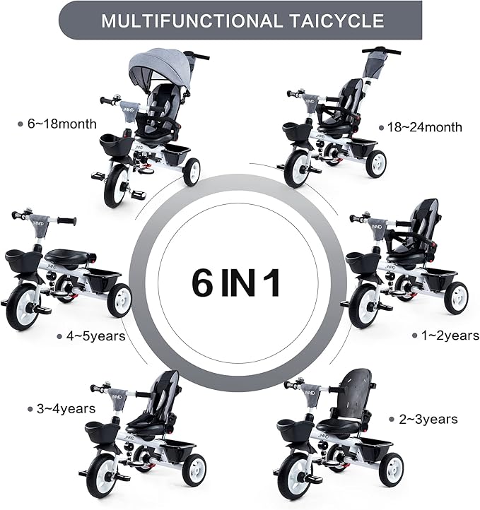 JMMD Baby Trike, 6-in-1 Kids Tricycle with Adjustable Push Handle, Removable Canopy, Safety Harness for 18 Months - 5 Year Old, Gray