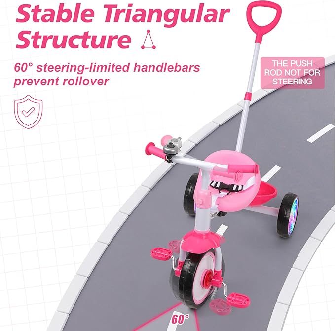 Liberry 2 in 1 Toddler Tricycle Age 2 3 4 Years Old, Kids Trike with Light Up Wheels, Adjustable Push Handle, 3 Wheel Bike Outdoor Indoor Riding Toy Gift for Girls Boys, Pink