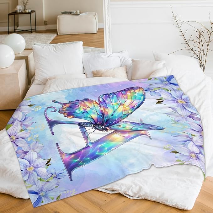 Monogram Blankets for Adults, Initial Letter Blanket for Girls, 80 x 60 Inches Butterfly Throw, Gift for Butterfly Lovers, Cozy Warm Flannel Throw for Bed, Sofa Living Room