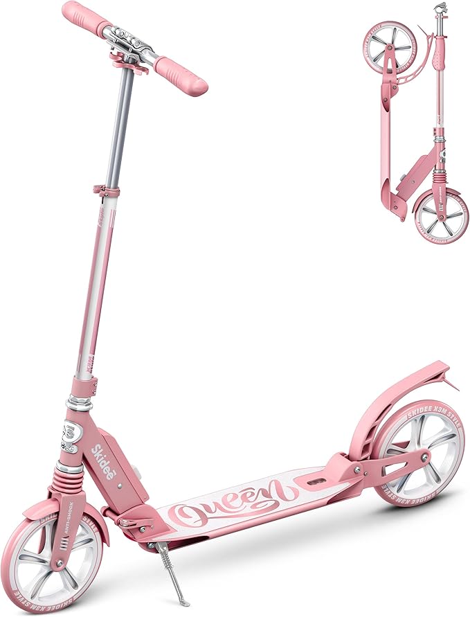 Skidee Adult & Teen Scooter Adjustable Height, Folding, Large Wheels, Lightweight, Durable, Anti-Shock Suspension, Up to 220 lbs